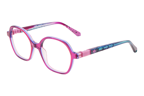 A pair of pink and blue glasses on a white background.