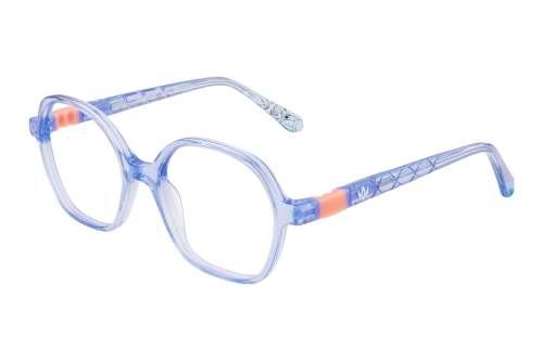 A pair of blue glasses with a floral design on the arms on a white background.