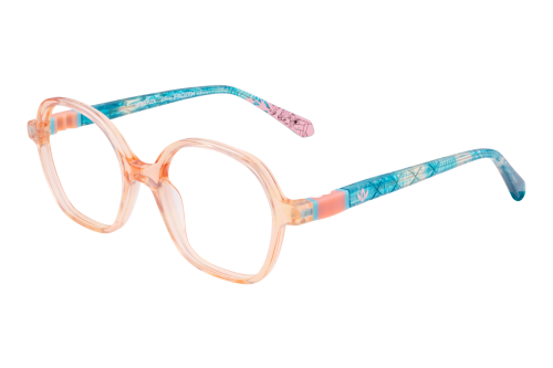 A pair of pink and blue glasses on a white background.