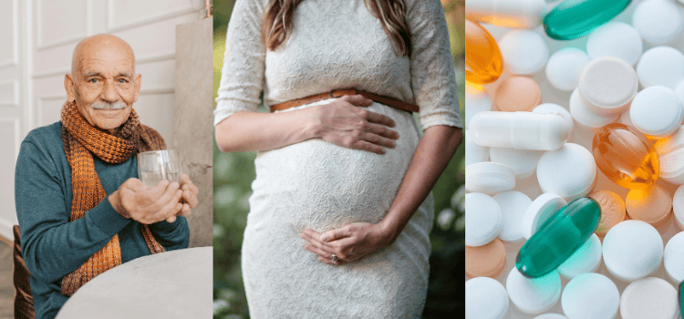 An older man with a drink, a pregnant woman, and pills.