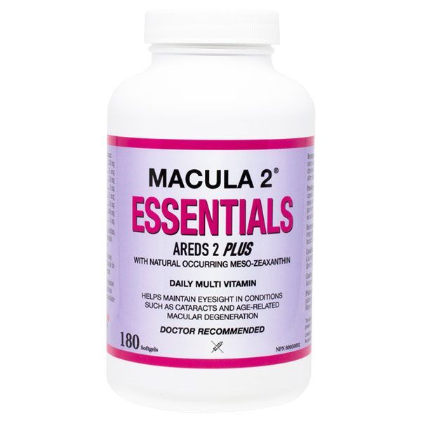 A white bottle of Macula 2 Essentials areds 2 plus