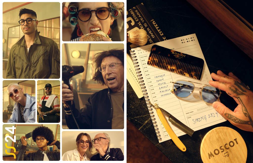 A collage of people wearing sunglasses and a moscot logo