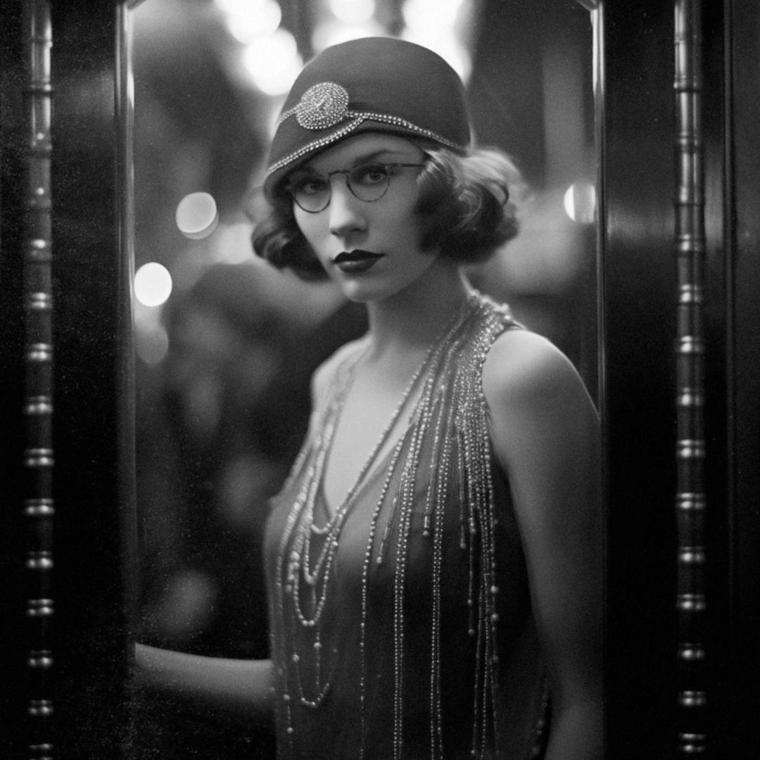 A black and white photo of a woman wearing moscot glasses.