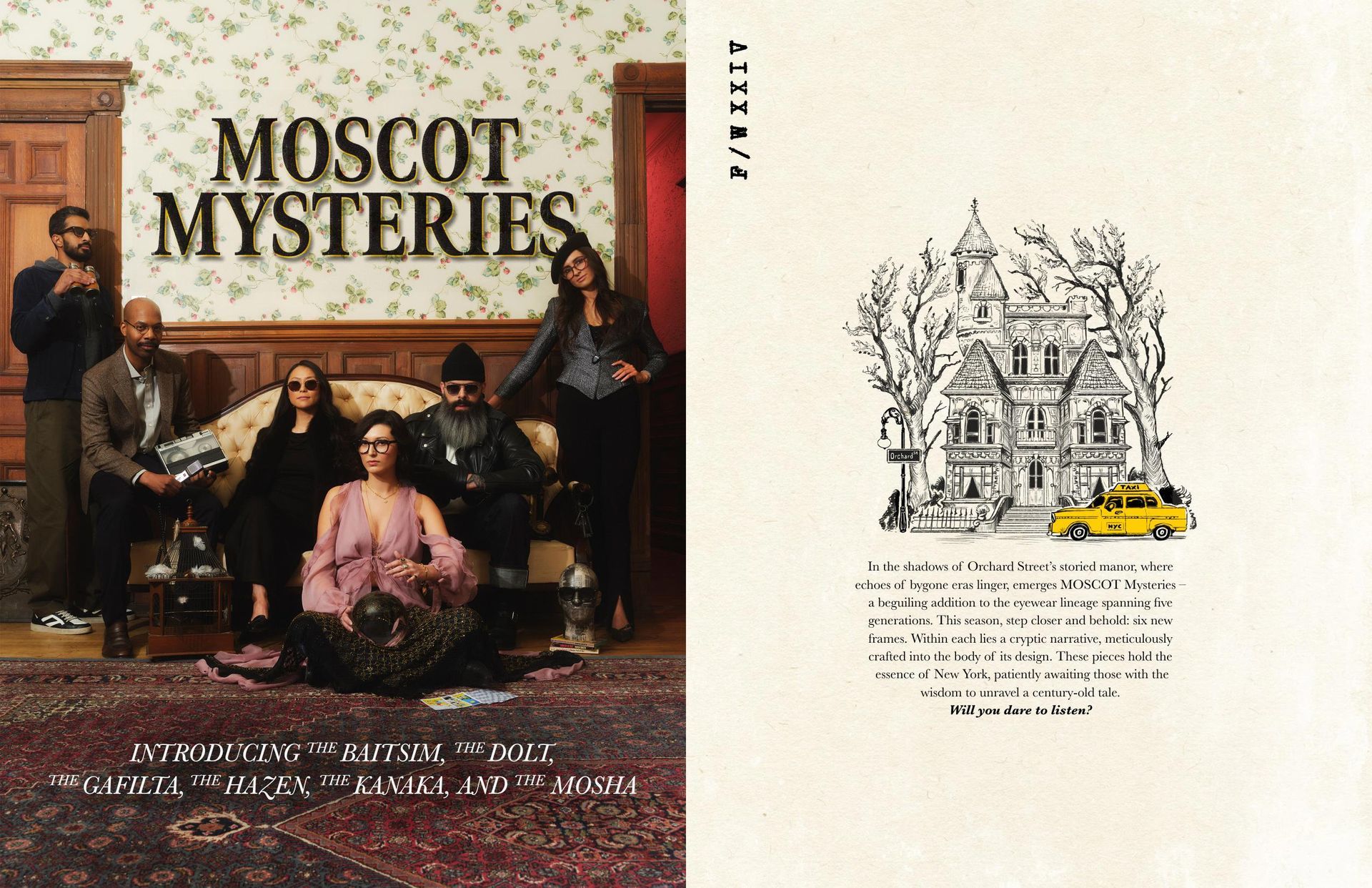 A book called moscot mysteries has a picture of a group of people sitting on a couch wearing glasses and sunglasses.