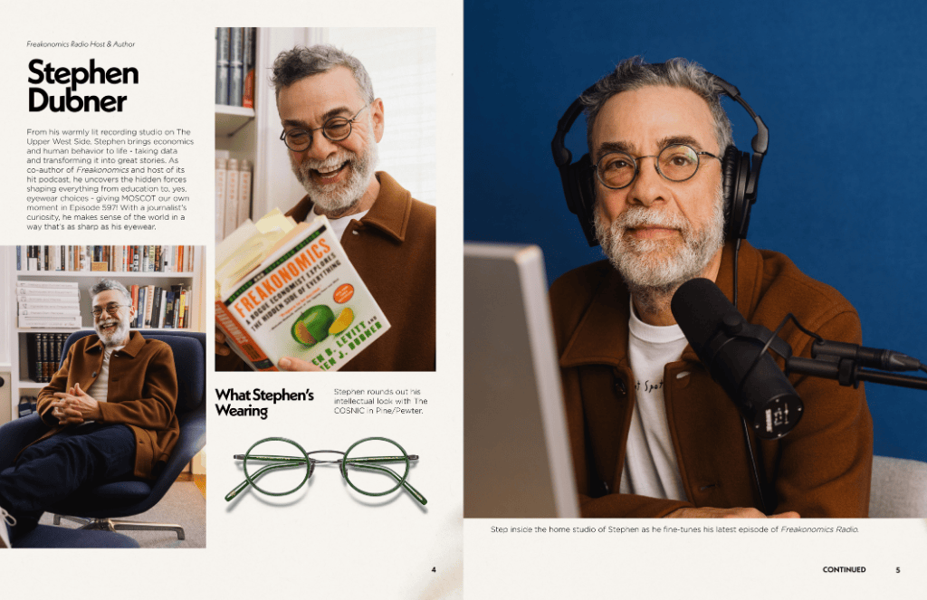 Stephen Dufner, wearing glasses, in two photos: holding a book, and at a microphone with headphones on.