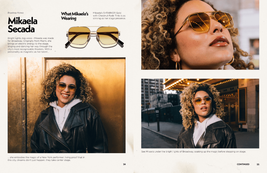 Mikaela Secada wearing yellow-tinted sunglasses and a black leather jacket poses in an urban setting.