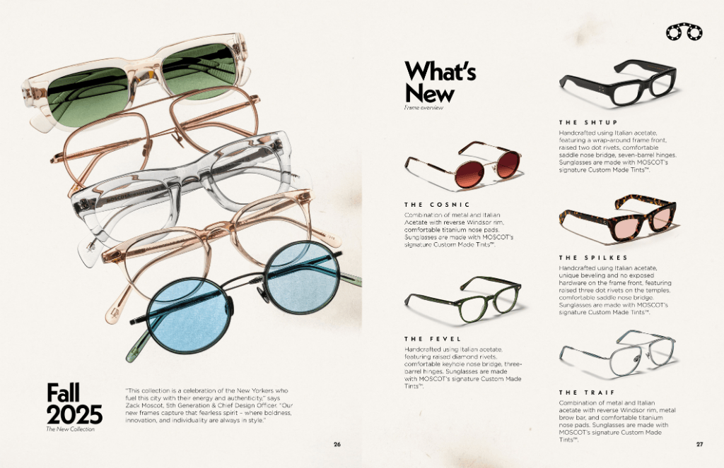 Eyeglass ad: stacked pairs in various styles/colors, with 