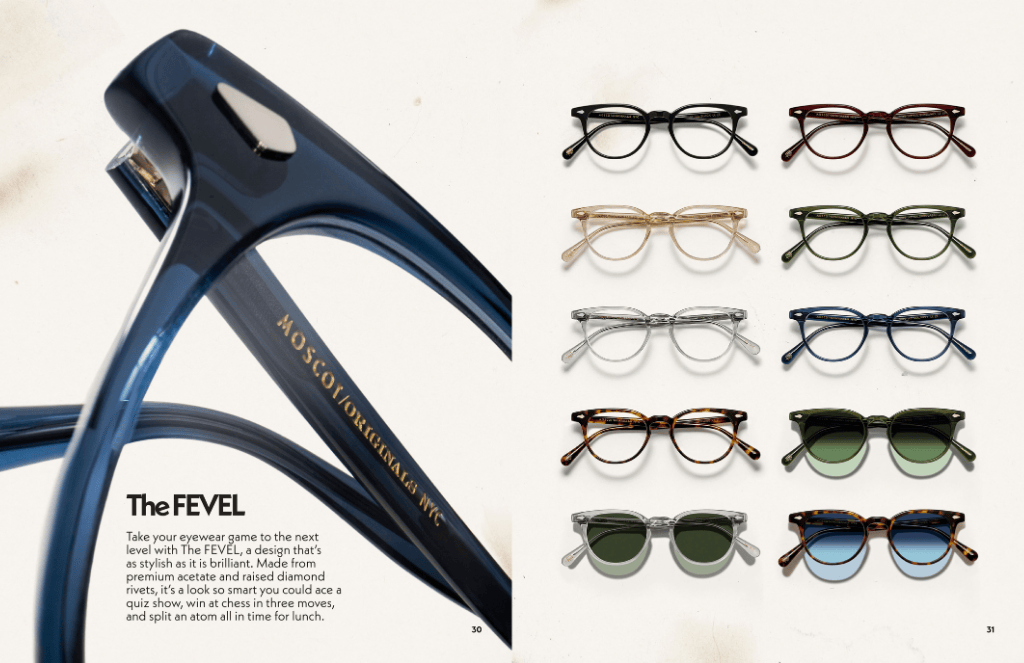 Close-up of blue glasses The Fevel arm; grid of various colored eyeglasses frames, some with lenses.