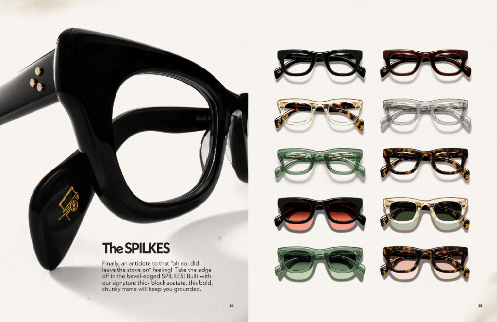 Close-up of black eyeglasses The Spilkes, with a series of other color options in a grid, including black, brown, and green.