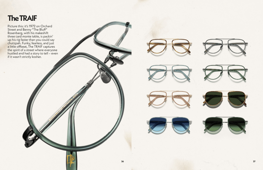 Eyeglasses. The TRAIF frame, a rimless aviator design, in various color combinations, displayed on a white background.