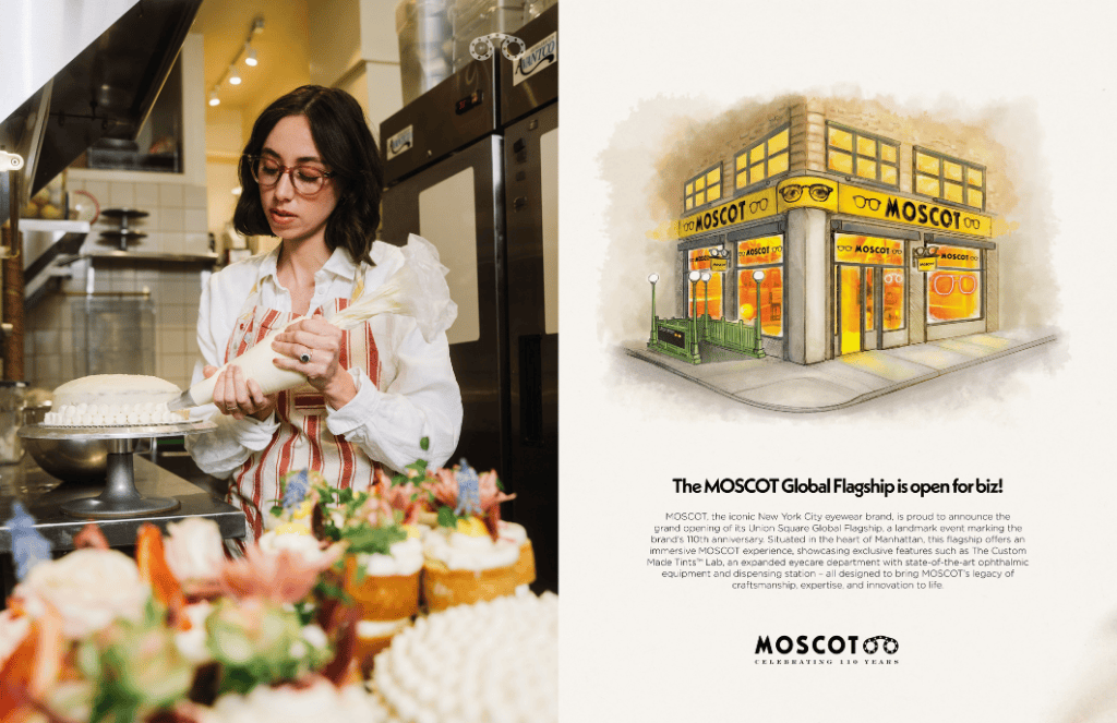 Woman wearing glasses decorating cakes in a bakery, illustration of the bakery with text, 