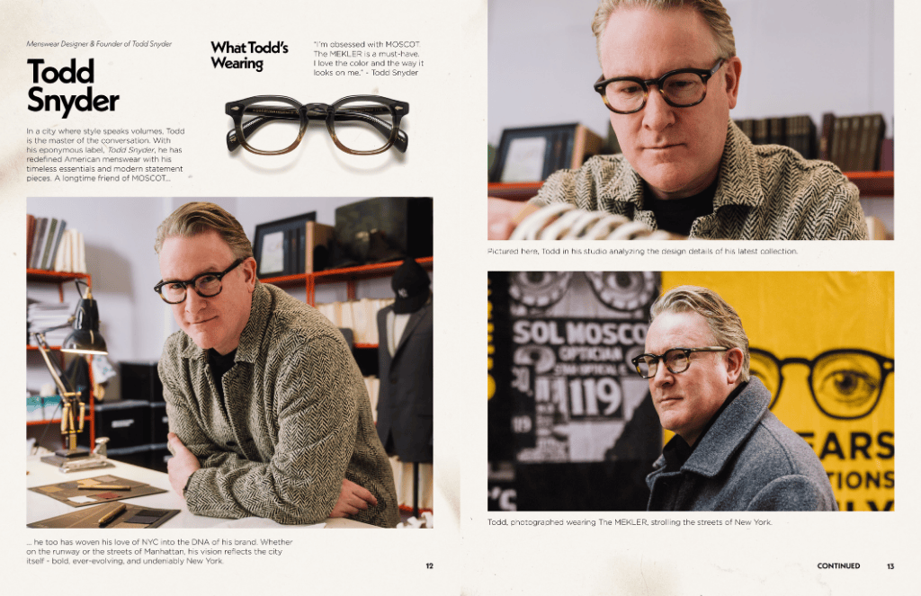 Todd Snyder, a man with glasses, in various poses. He's in a studio, possibly at work.