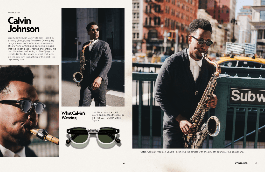 A man plays saxophone near a subway entrance in New York City, wearing glasses and a cardigan.