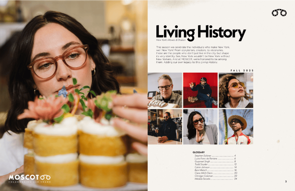 Woman with glasses preparing cake, beside magazine page with featured eyewear wearers.