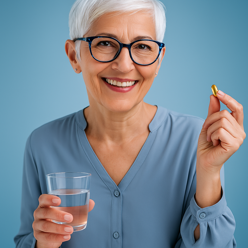 A woman is holding a glass of water and a pill.
