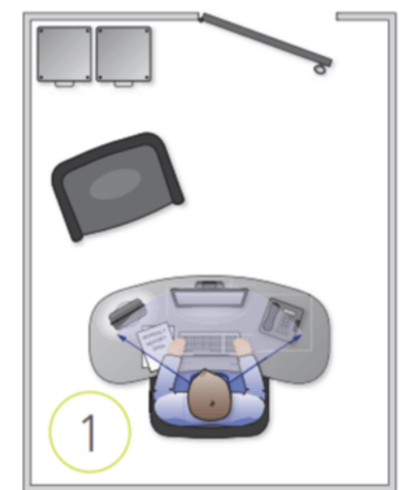 Top-down view of a person sitting at a desk in an office. Includes a chair, monitor, and accessories.