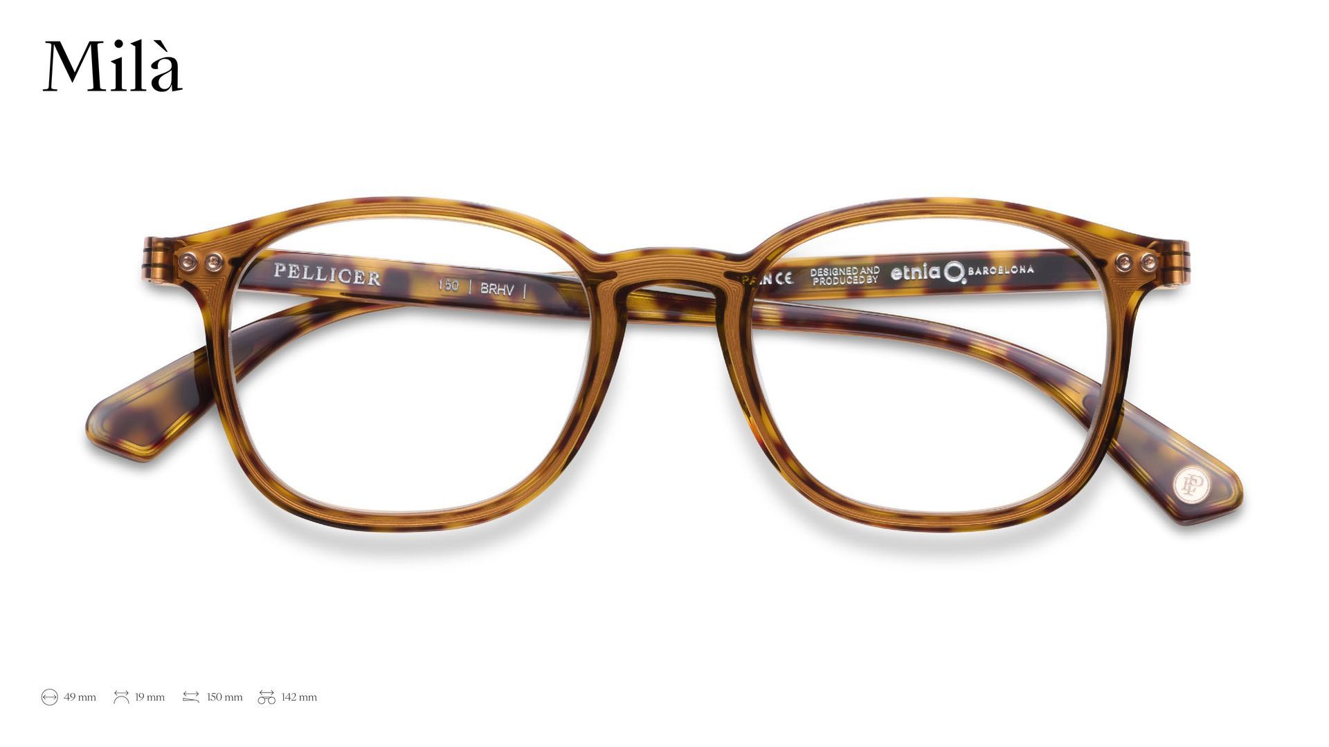 A pair of brown glasses with the word mila on the bottom