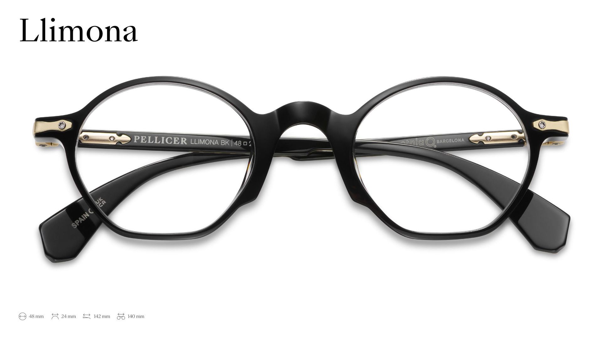 A pair of black glasses with the word llimona on the bottom