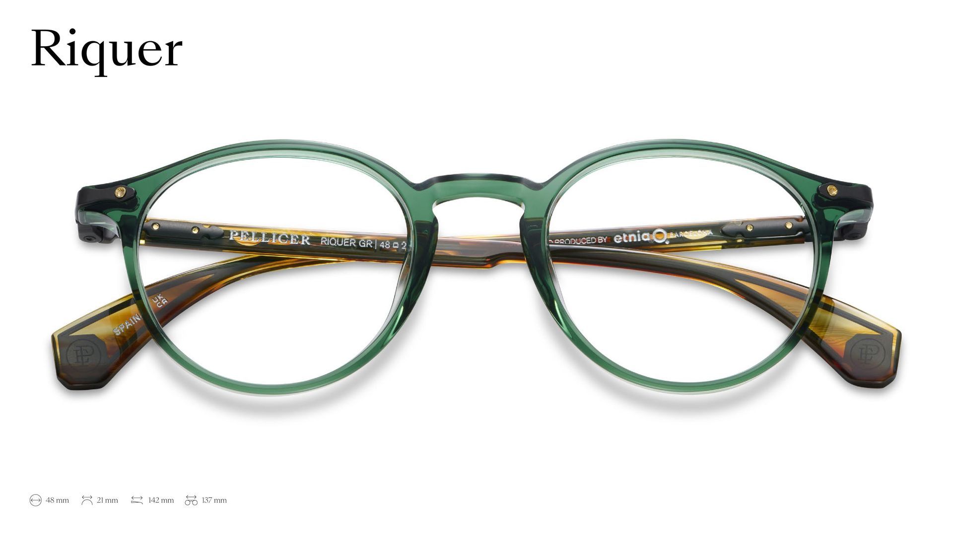 A pair of green glasses with a brown frame on a white background.