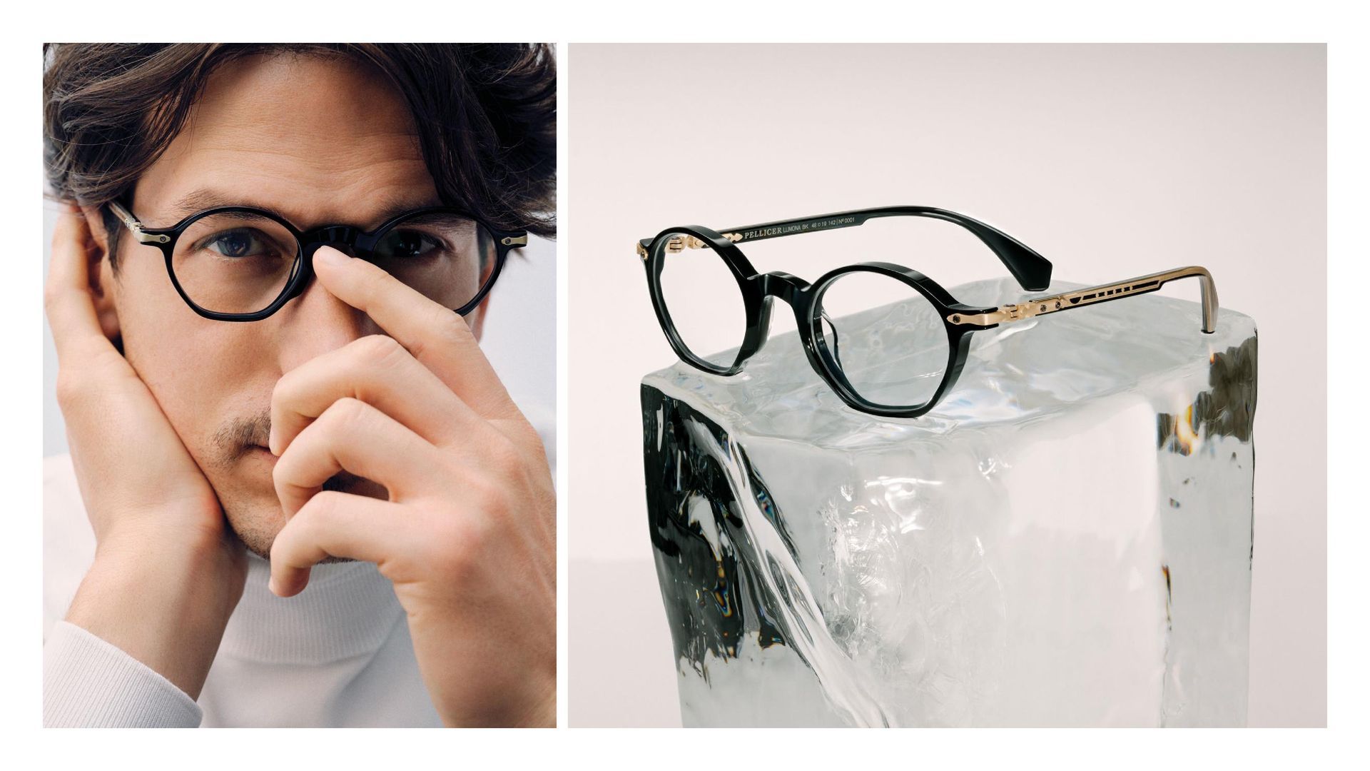 A man wearing glasses and a pair of glasses sitting on top of an ice cube.