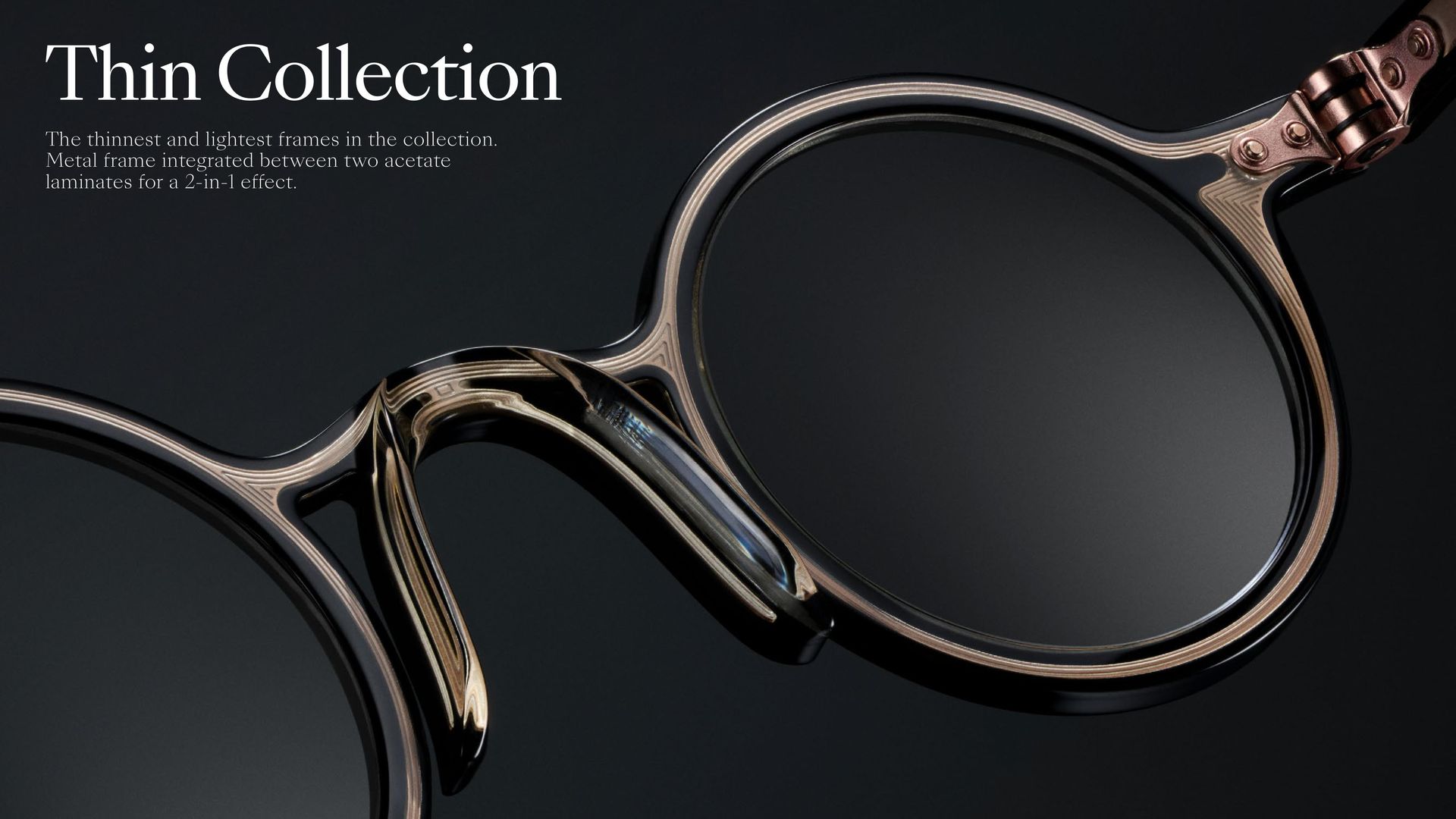 A pair of glasses with the words thin collection on the bottom