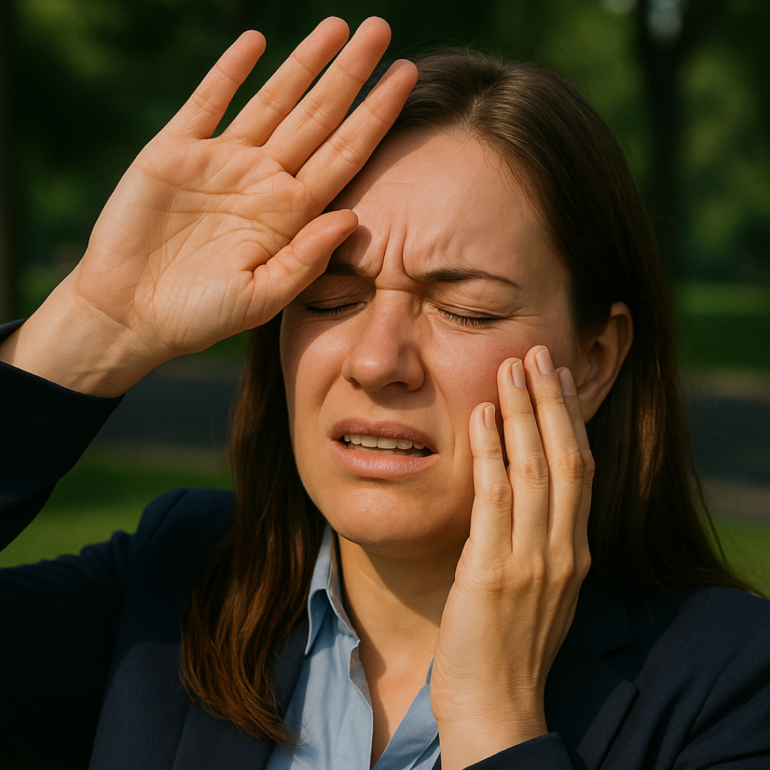 A woman is covering her face with her hands because she has Photophobia and Light Sensitivity.