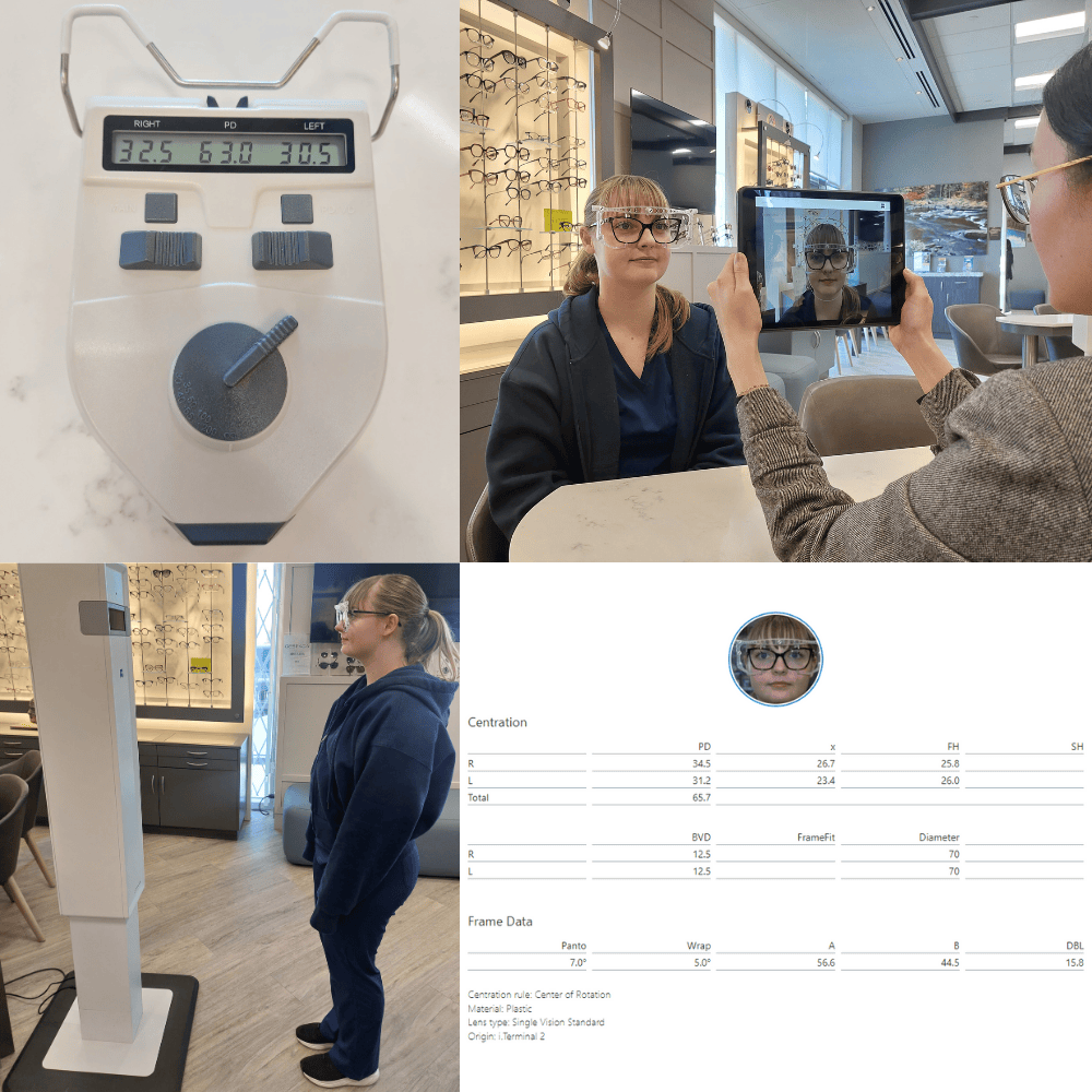 Optical examination: patient wears glasses. Equipment and tablet used for measurements. Clinic setting.