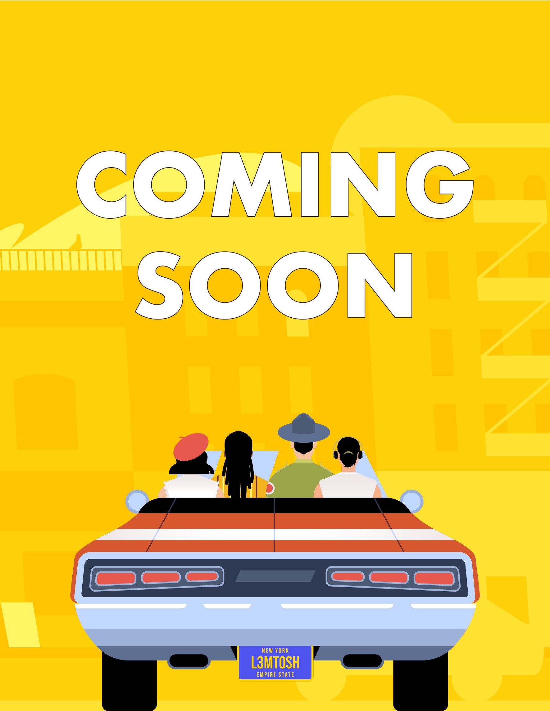 A group of people are sitting in a car that says coming soon