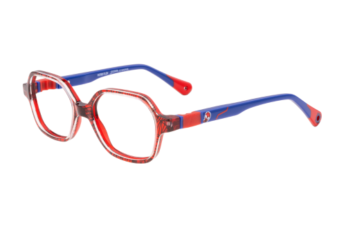 A pair of red and blue glasses on a white background.