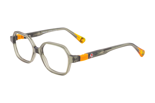 A pair of glasses with a gray frame and orange arms on a white background.