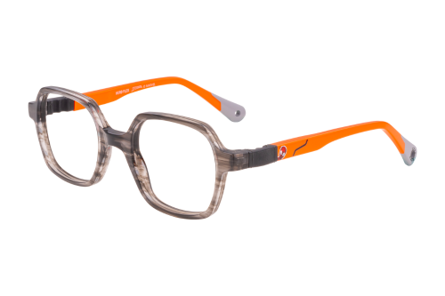 A pair of glasses with orange arms on a white background.