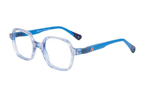 A pair of blue glasses on a white background.