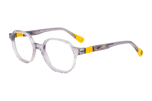 A pair of children 's glasses with a yellow rim on a white background.