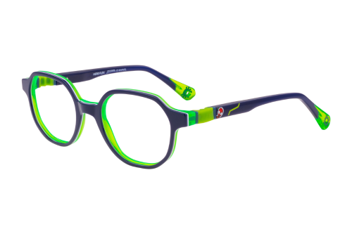 A pair of green and blue glasses on a white background.