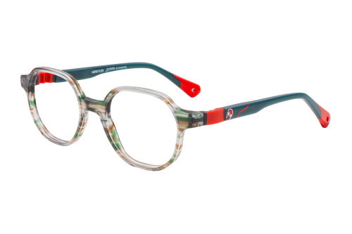 A pair of glasses with a green frame and red arms on a white background.