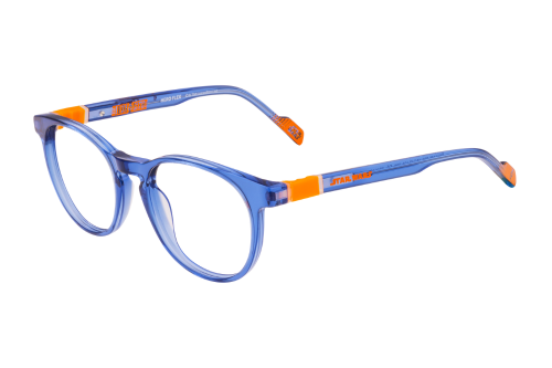 A pair of blue and orange glasses on a white background.