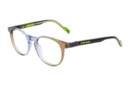 A pair of glasses with a blue frame and green arms on a white background.