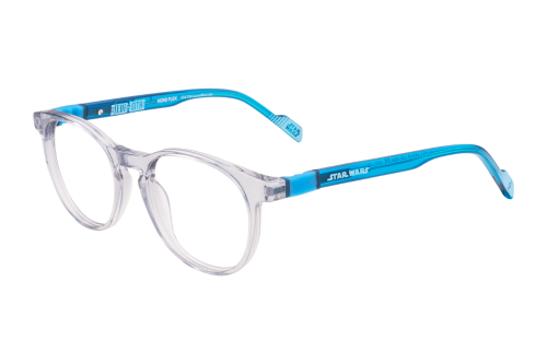 A pair of clear glasses with blue frames on a white background.