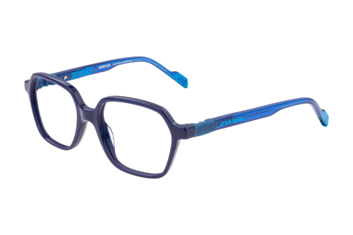 A pair of blue glasses on a white background.