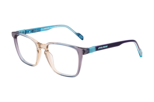 A pair of glasses with purple and blue frames on a white background.