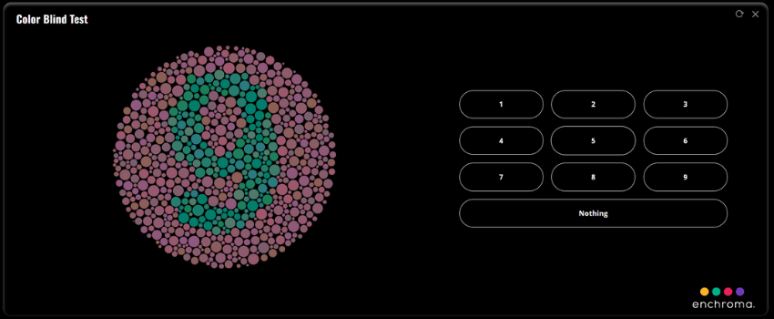 Color blindness test shows the number 9 in a circle of colored dots.