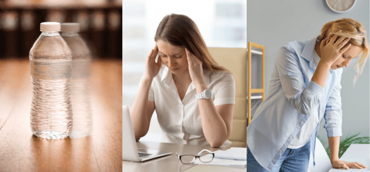 Water bottle next to two women holding their heads; possibly stressed or with a headache.
