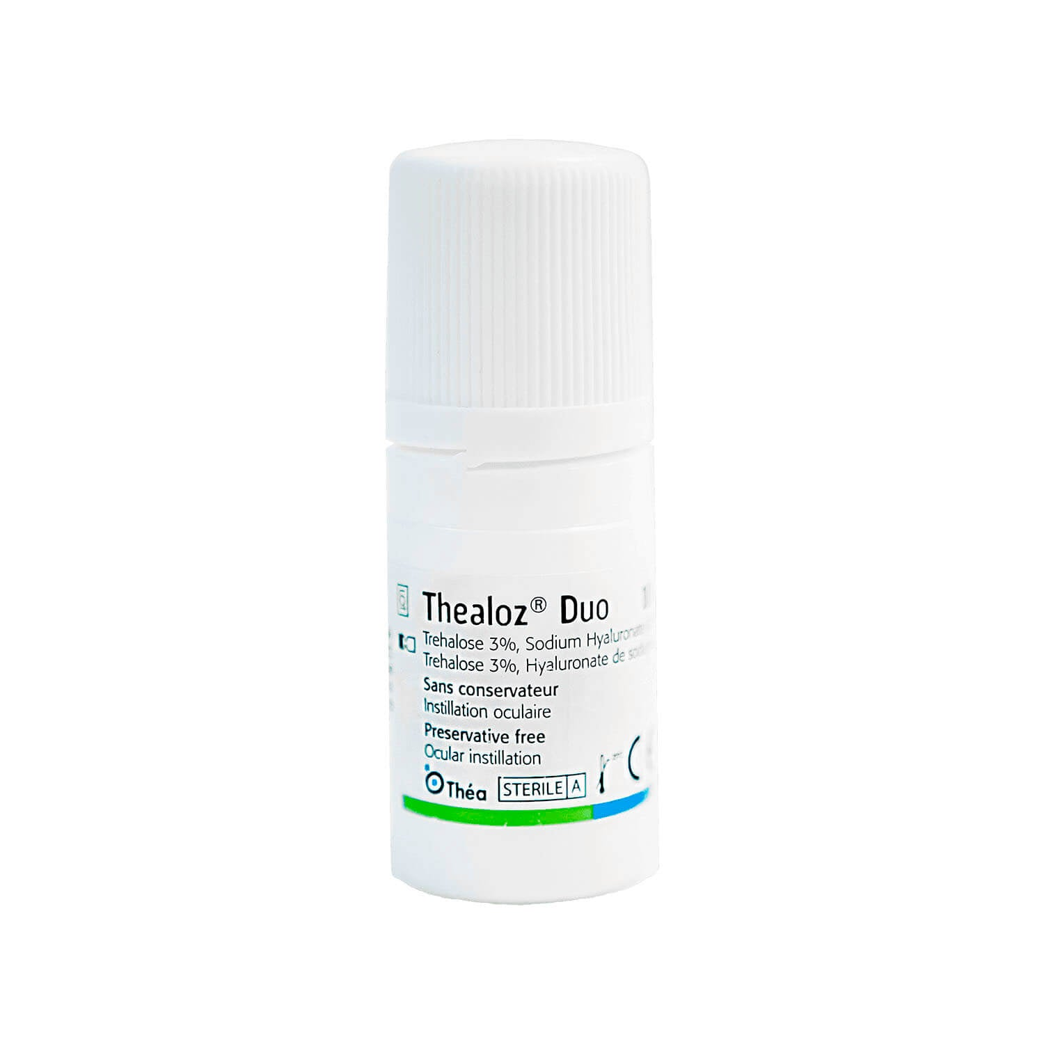 A bottle of Thealoz Duo eye drops on a white background.