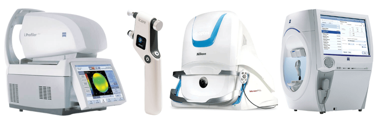 Medical equipment: eye scanners and diagnostic tools with screens.