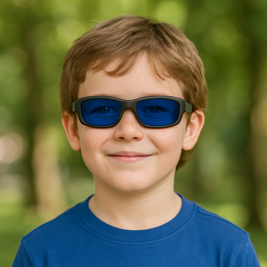 A young boy wearing Z1 blue sunglasses and a blue shirt
