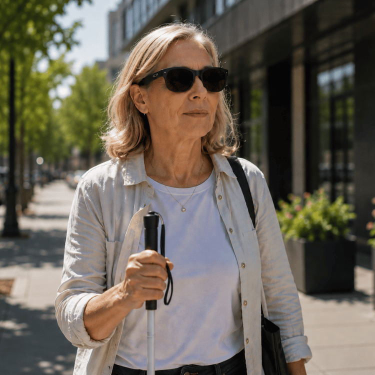 Woman in sunglasses using a white cane on a sunny city sidewalk