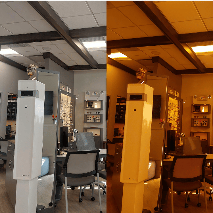 Split-view office with a white zeiss tower, frames, chairs, and desks under cool and warm lighting.
