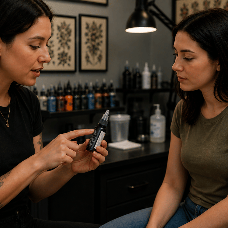 Two women discussing a small bottle in a salon with shelves of hair products behind them