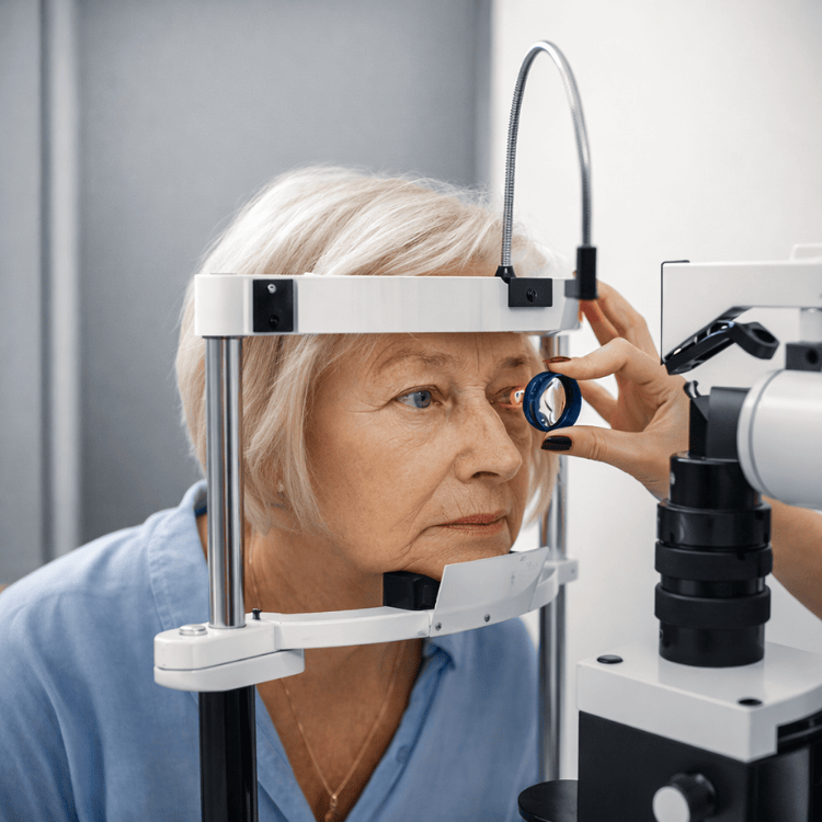Woman undergoing eye exam with a slit lamp and an assistant holding a lens.