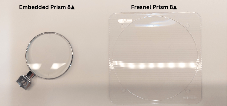 Comparison of Embedded Prism and Fresnel Prism, both used in vision correction, with a light source visible.